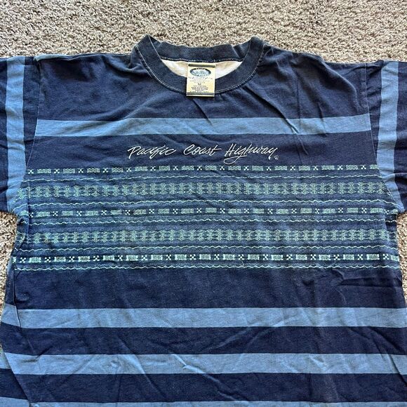 Vintage 90s Pacific Coast Highway California AOP Shirt Blue Striped Size M - Picture 2 of 8
